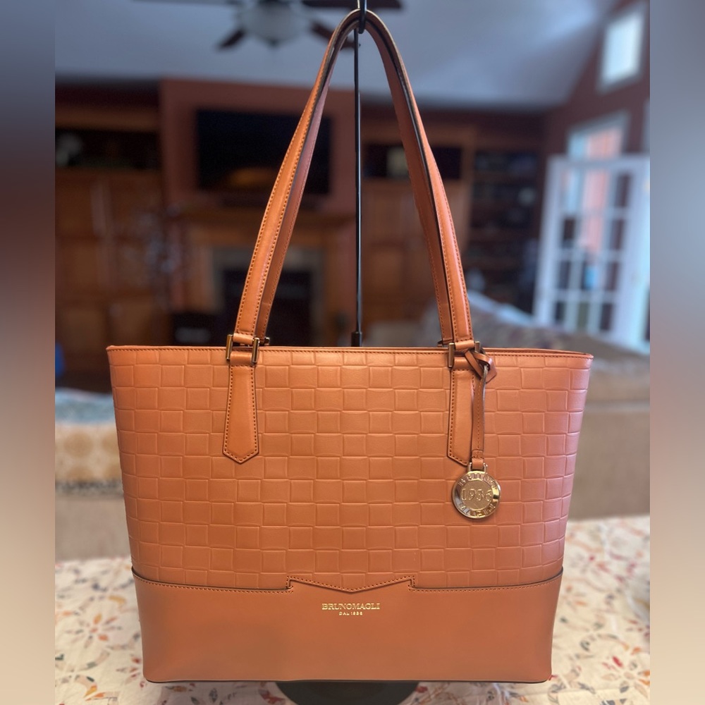 Bruno Magli Woven Embossed Italian Leather Tote. Sienna in color. NWT